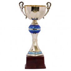 TROPHY METAL CUP 28CM GOLD W/BLUE RIM